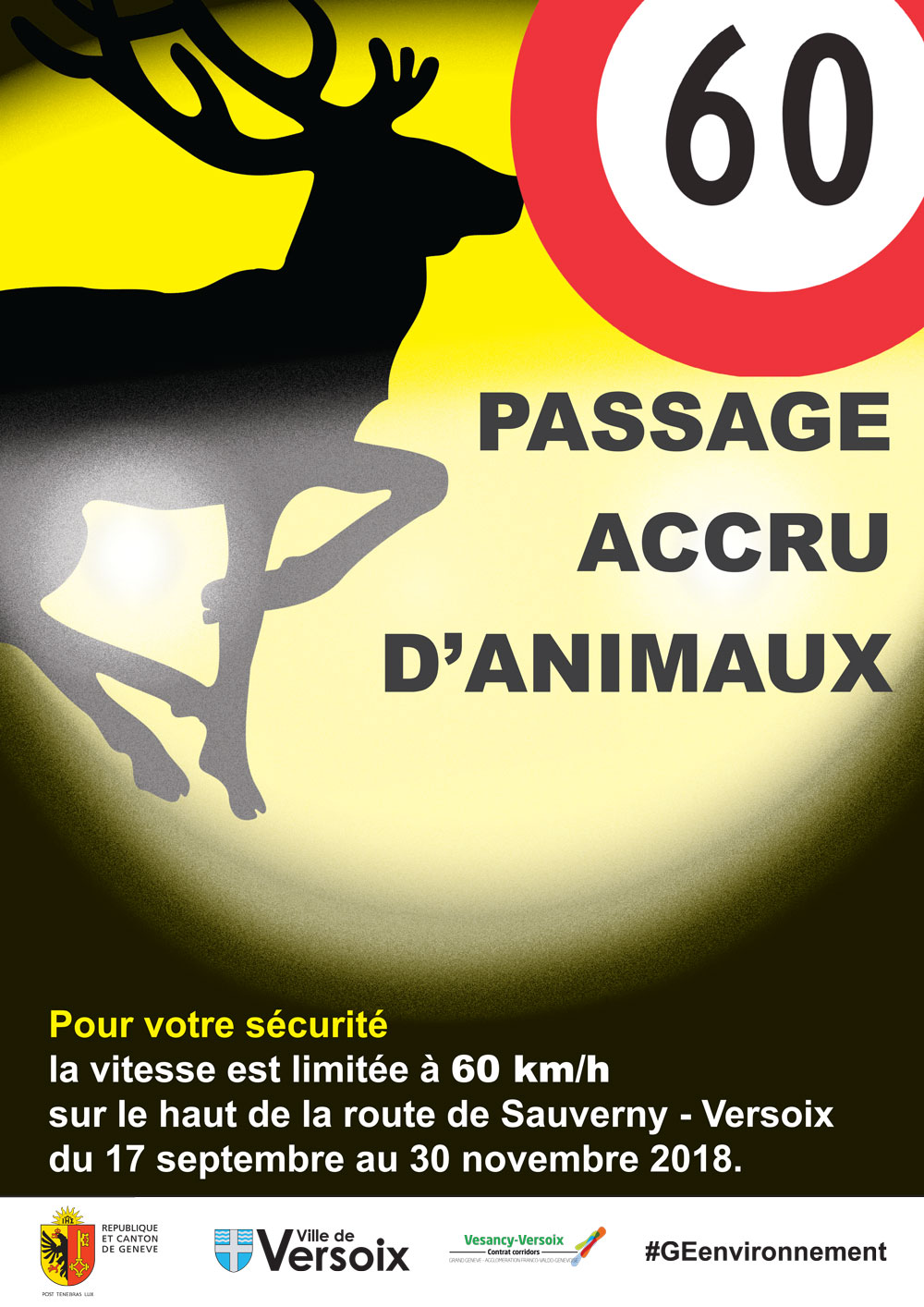 Affichette de la campagne d'information sur le passage de cerfs dans les bois de Versoix