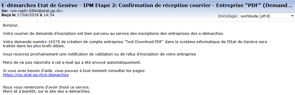 Email confirmation demande d'inscription
