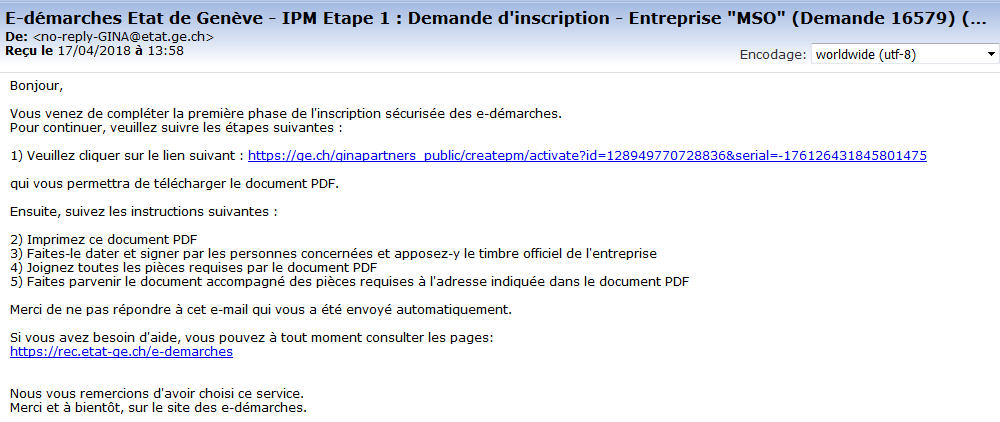 Email d'inscription étape 1