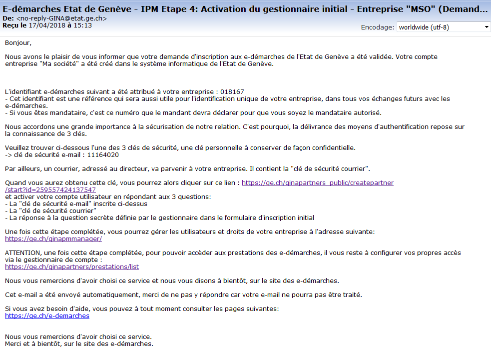 Email activation du gestionnaire initial