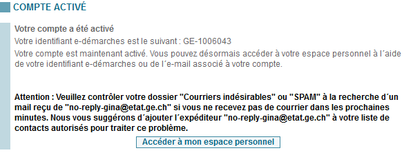 Texte d'activation du compte