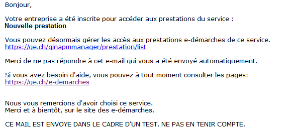Email de confirmation de l'activation des prestations