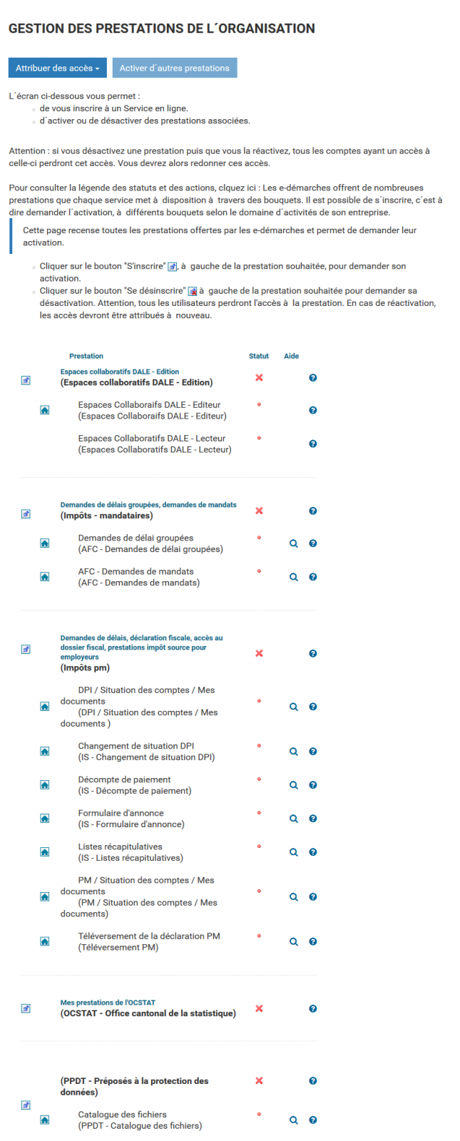 Gestion des prestations de l'organisation