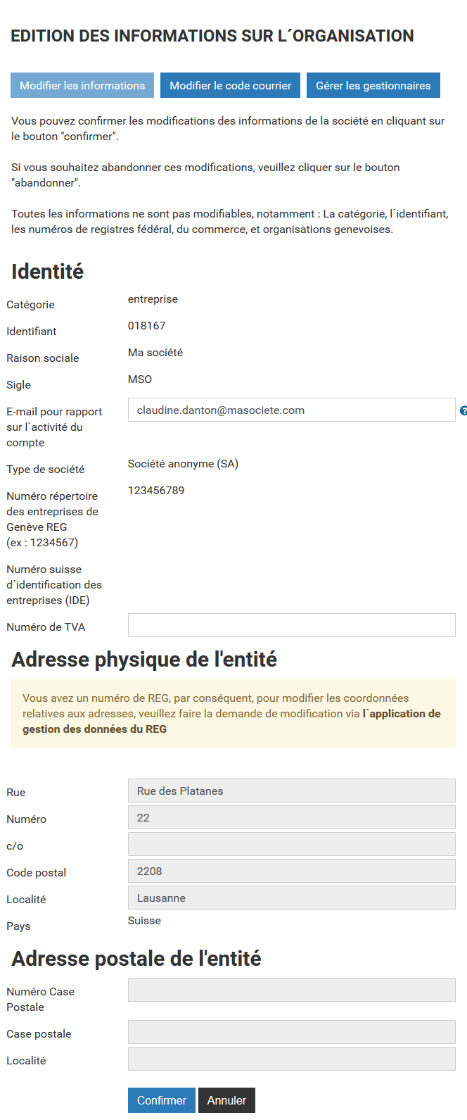 Editer le nom ou l'adresse de organisation
