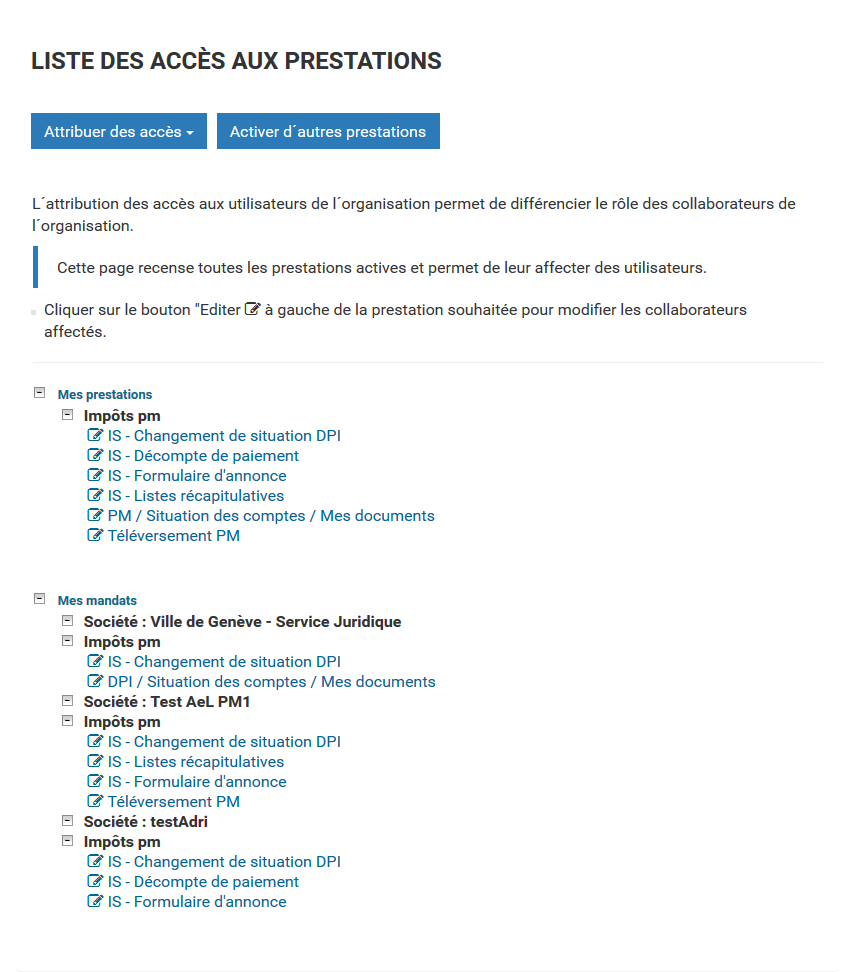 Liste des accès aux prestations