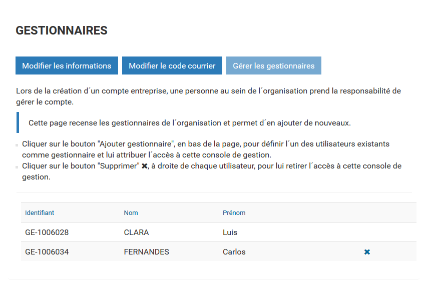 Liste des gestionnaires