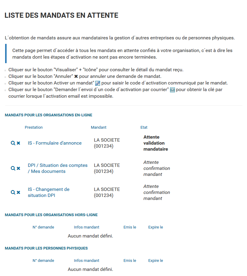 Liste des mandats en attente