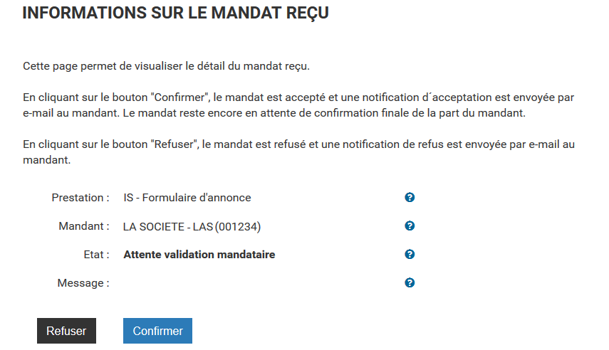 Information sur le mandat reçu