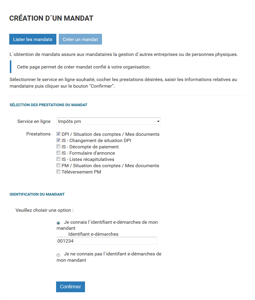 création d'un mandat