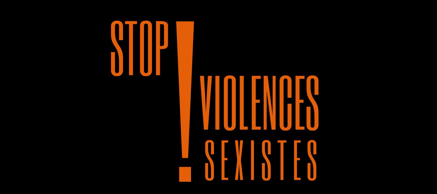 logo campagne stop violences sexistes ! en orange sur le fond noir