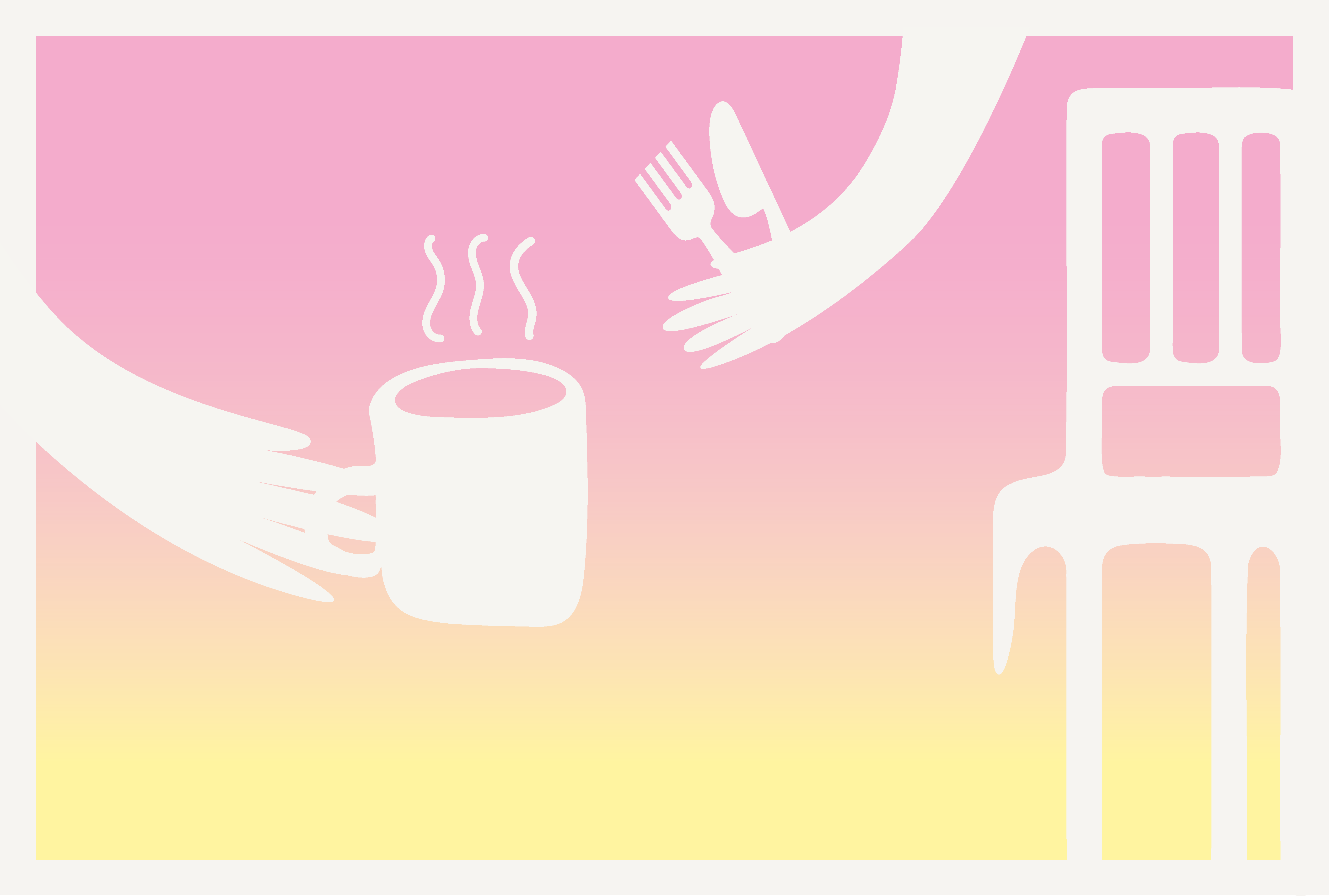 Chaise de la place des Nations, mains qui tiennent tasse et couverts