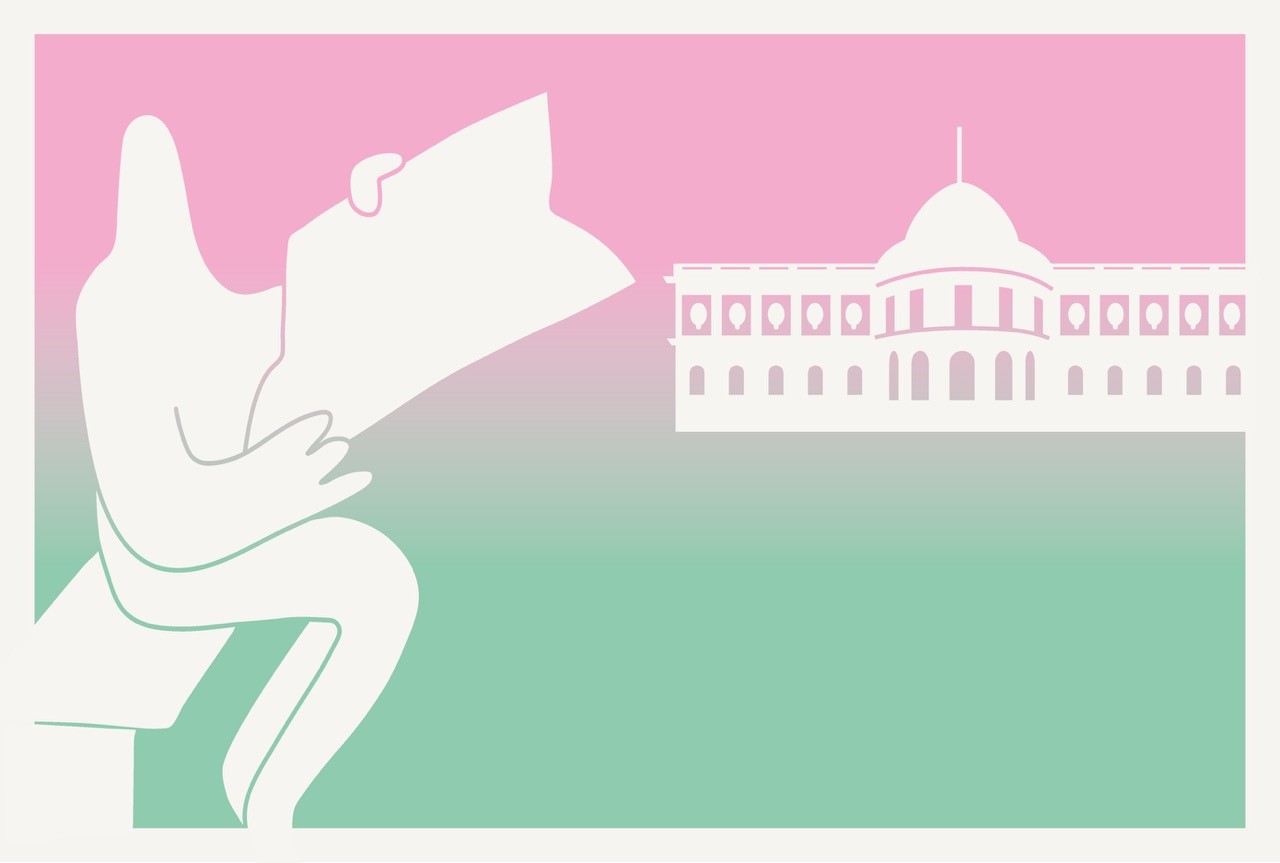 Dessin d'un personnage lisant un plan devant le Palais des Nations