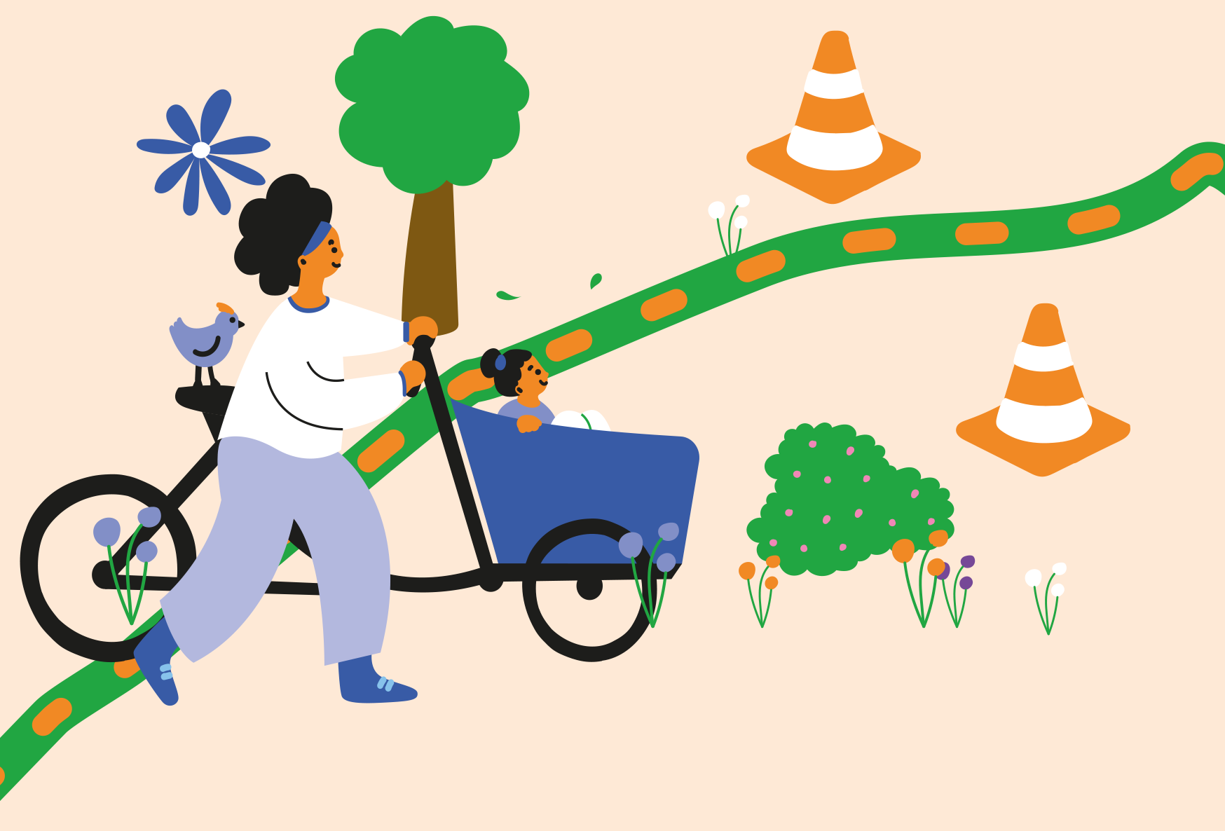 Dessin d'une cycliste poussant un vélo cargo avec un enfant