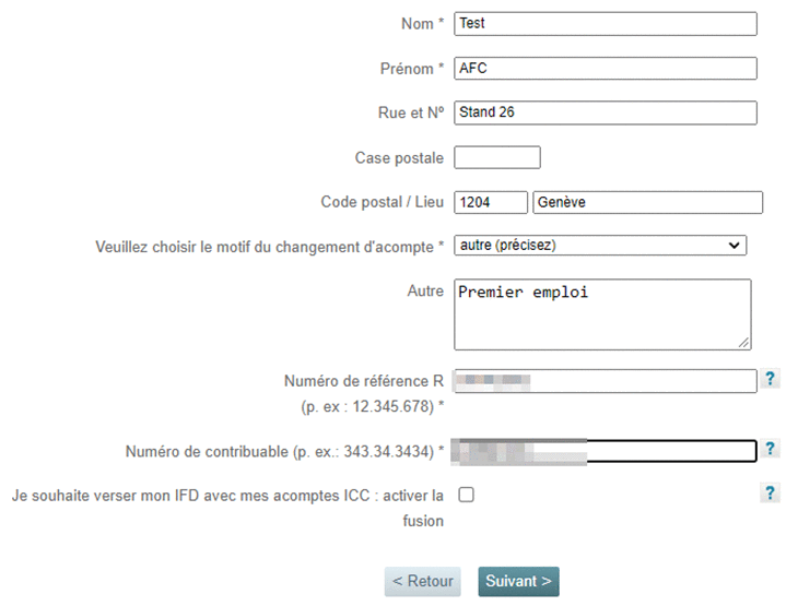 Indiquer ses coordonnées pour finaliser l'estimation ou la modification des acomptes