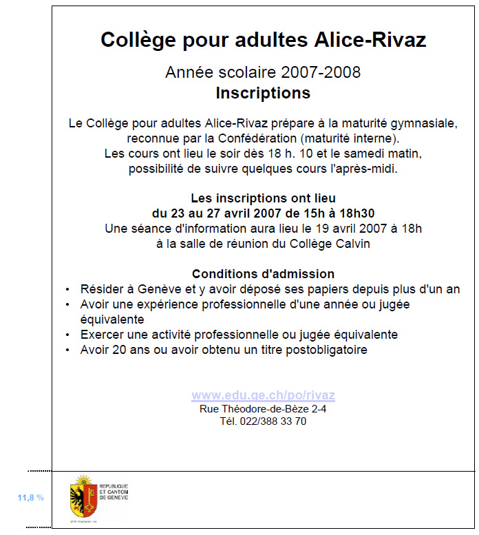 Modèle d'annonce presse - Collège pour adultes Alice Rivaz