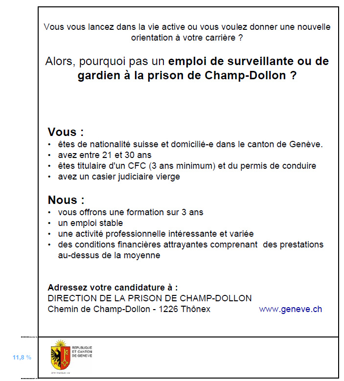 Modèle d'annonce presse "Pourquoi pas un emploi de surveillante ou de gardien à la prison de Champ-Dollon?"