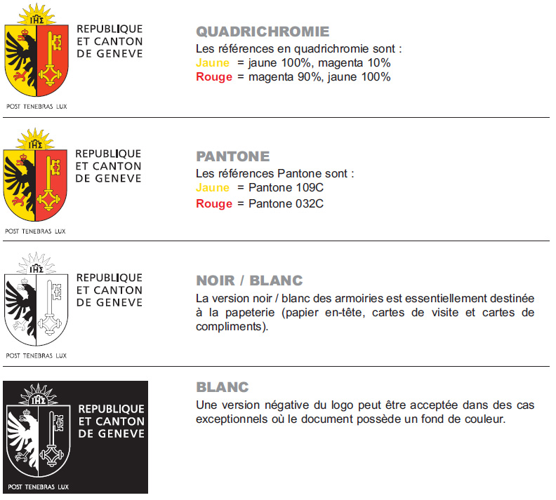 Armoiries officielles de la République et canton de Genève enquadrichromi, pantone, noir sur blanc et blanc sur noir