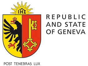 Armoiries officielles de la République et canton de Genève avec texte en anglais