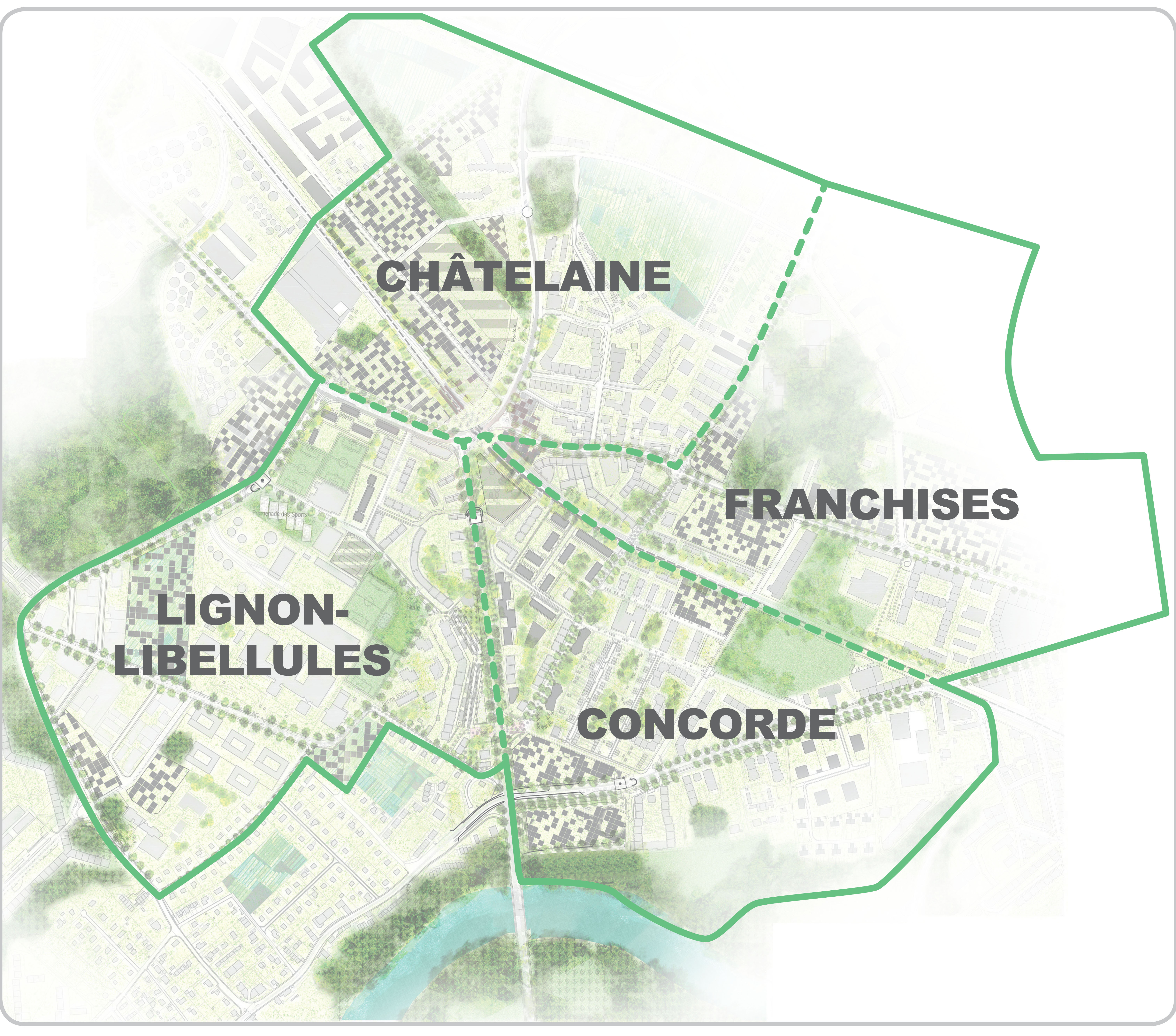 Plan des 4 secteurs du grand projet Châtelaine