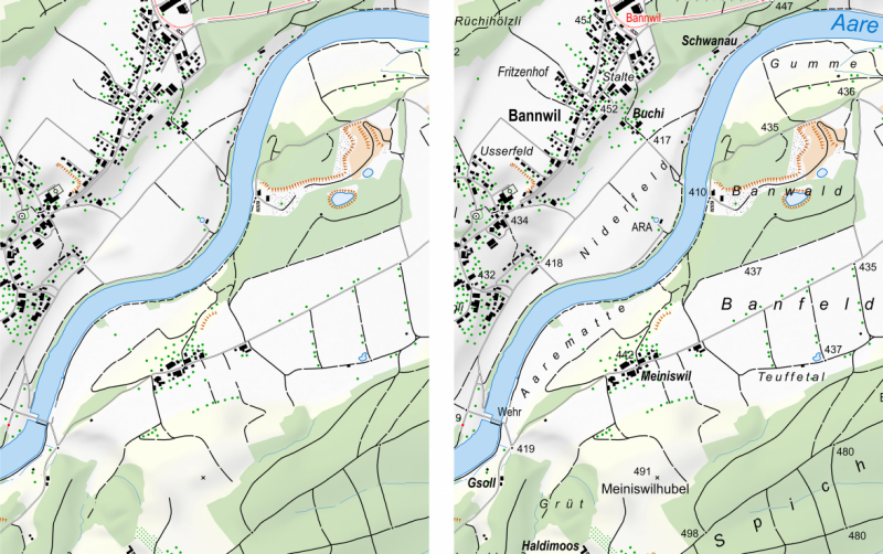 Plan de Swisstopo sans et avec noms géographiques