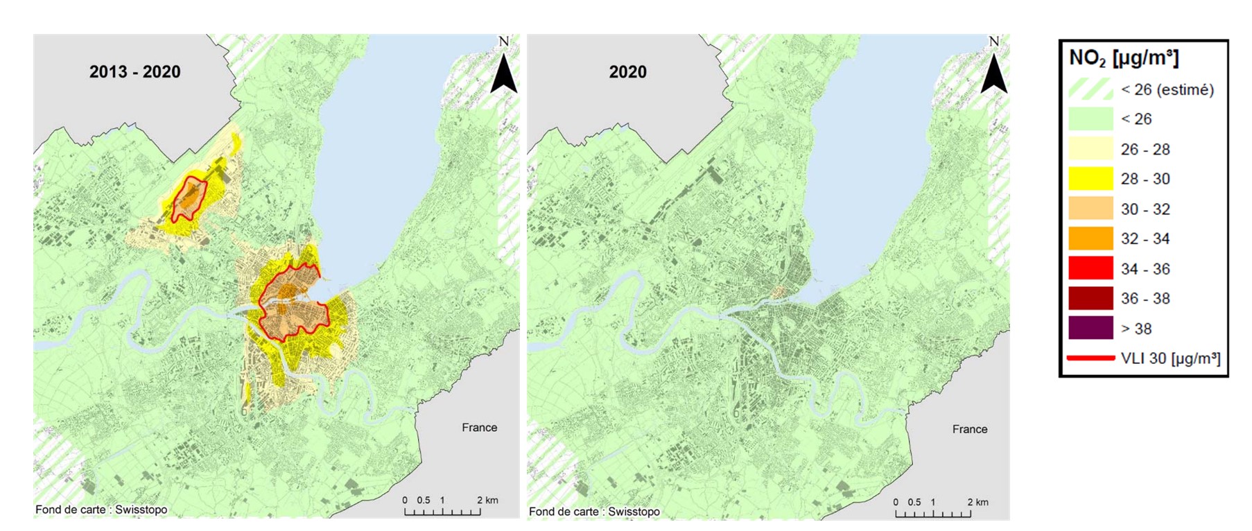 Cartes des immissions moyennes de NO2 sur l’agglomération genevoise – comparaison entre la moyenne de la période 2013-2020 (à gauche) et l'année 2020 (à droite). 