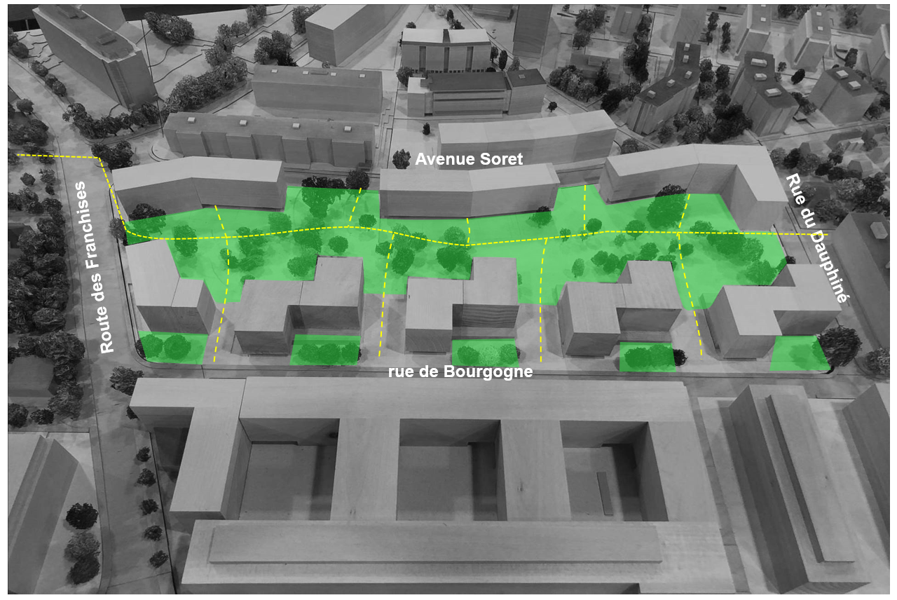 Maquette avec les volumes du projet et les immeubles voisins (source : Service d’urbanisme, Ville de Genève)
