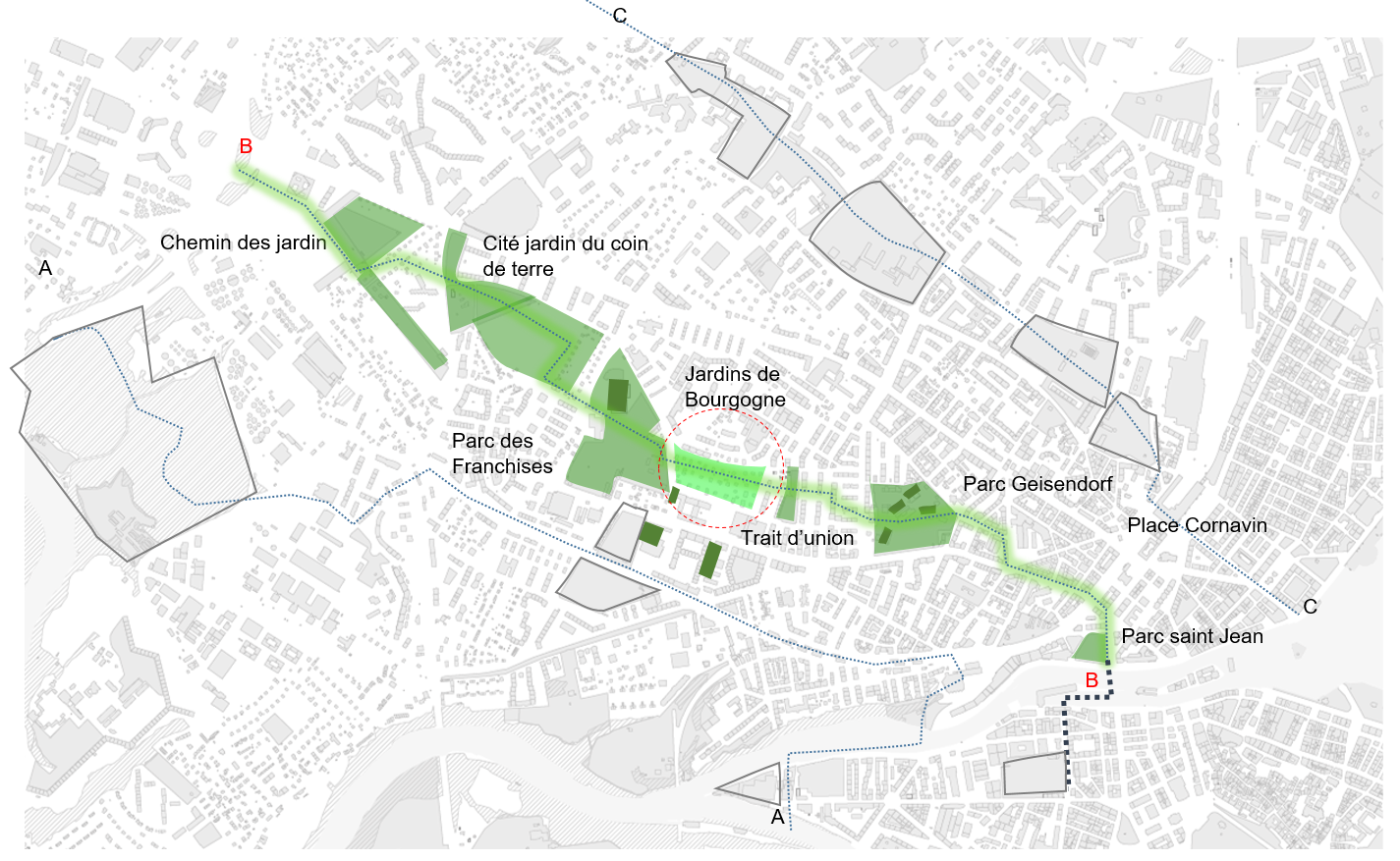 Les parcs autour du projet Bourgogne (source : Service d’urbanisme, Ville de Genève)
