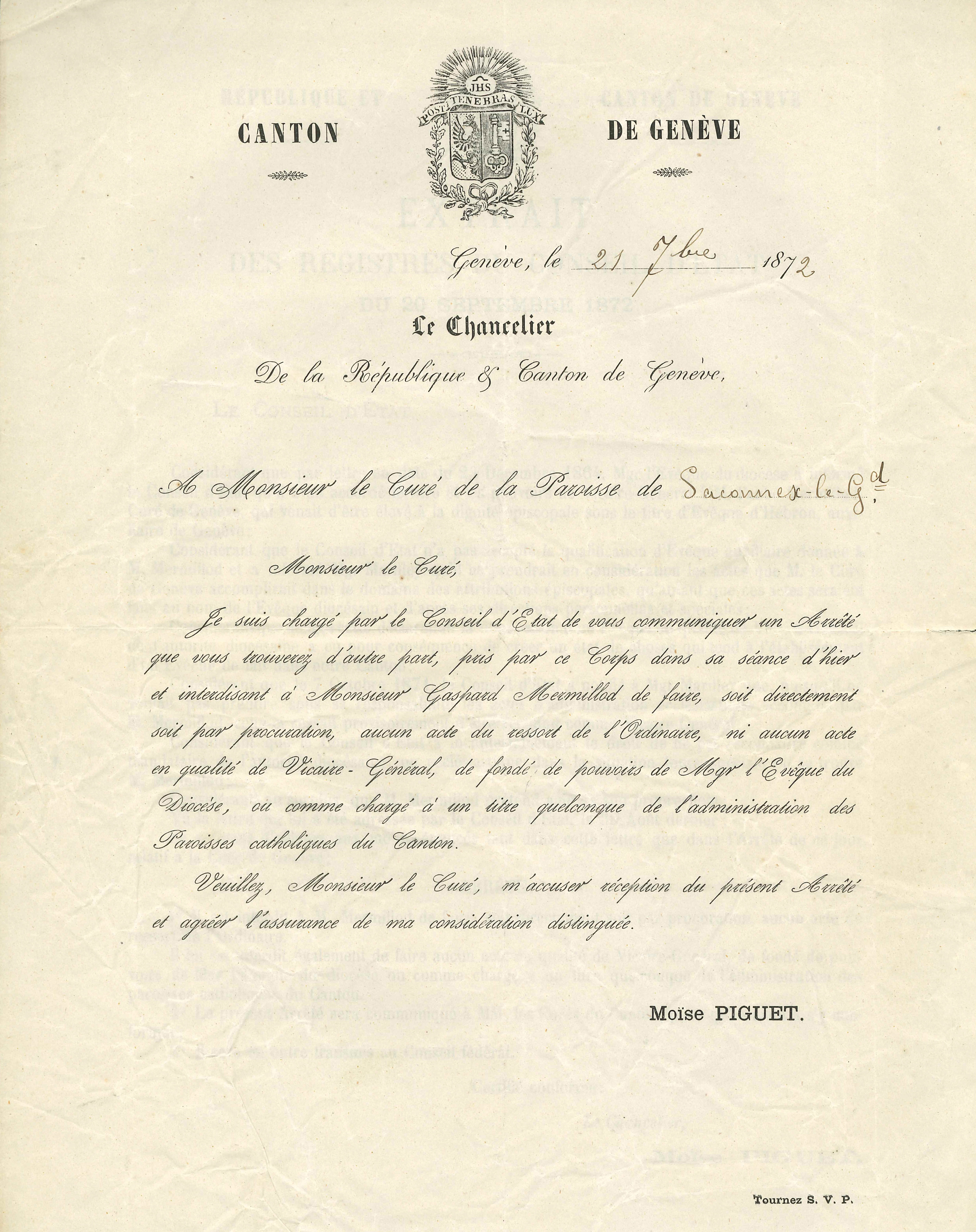 Note circulaire concernant Gaspard Mermillod, 1872 (cote AEG ECRG 4.8)  