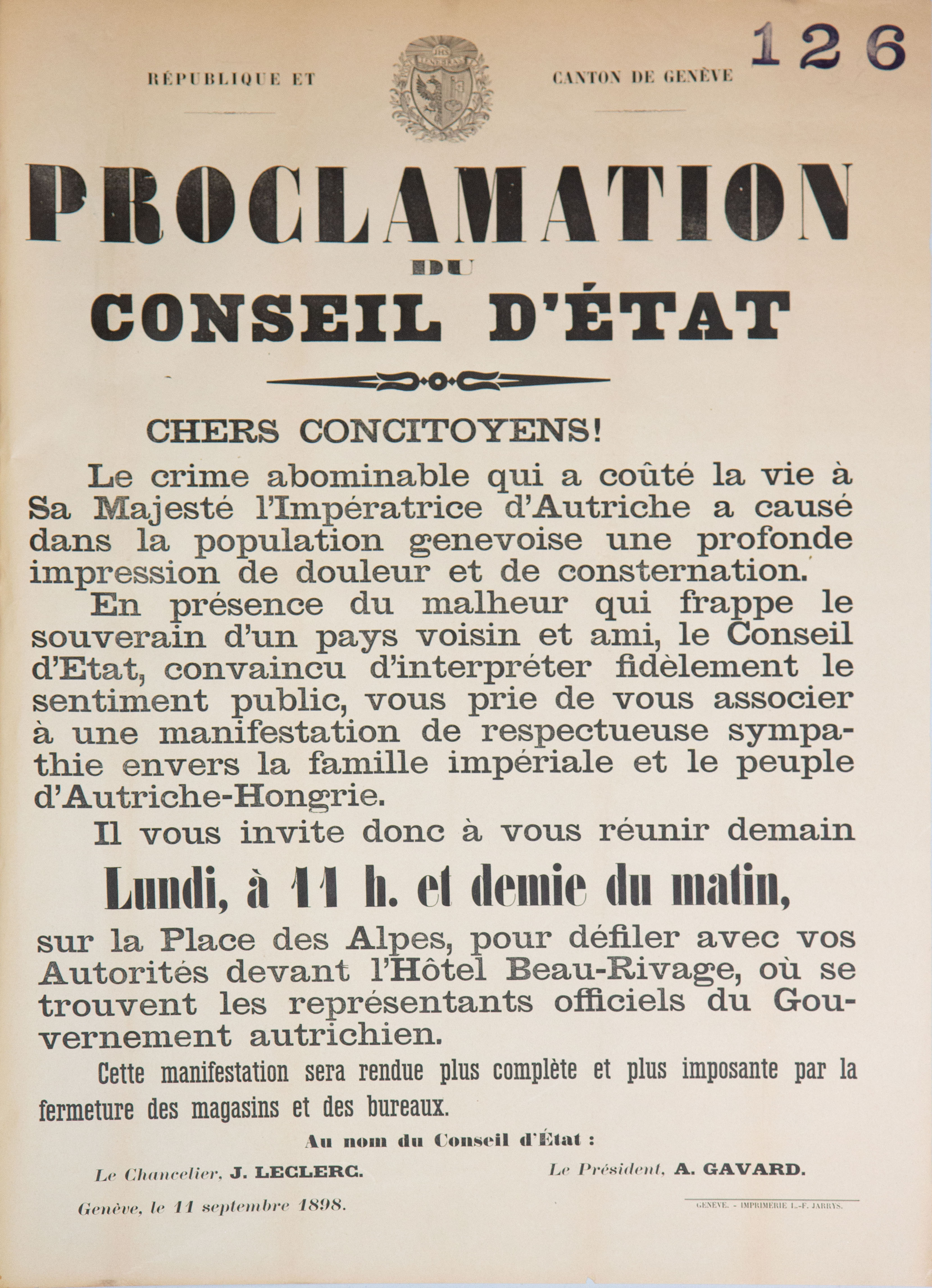 Proclamation du Conseil d’Etat du 11 septembre 1898. AEG 2001 va 26.5.13