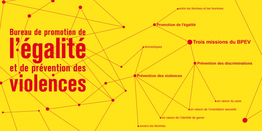 sur le fond jaune logo et missions du bureau de l'égalité