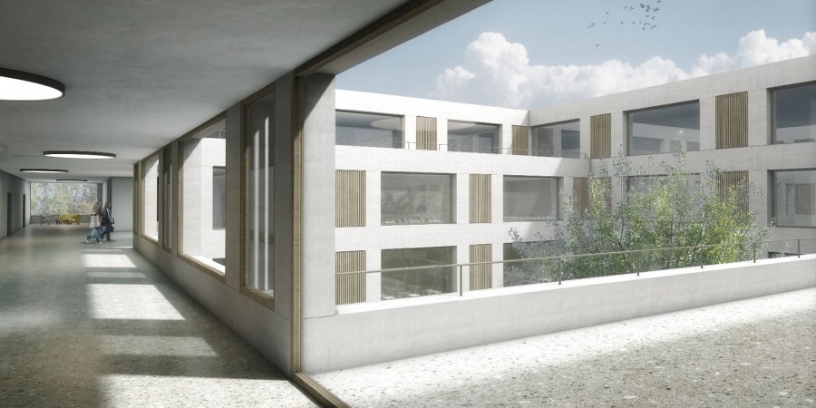 Les espaces d'enseignement et les salles de sport s'articulent autour d'un patio central (CLR Architectes SA) L'intérieur du futur Cycle d'orientation de Vernier-Balexert, qui remplacera celui du Renard