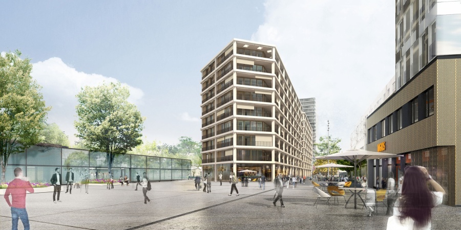 Place de la gare avec bâtiments de logements © EMA archictectes-Image Camille François Place de la gare avec bâtiments de logements © EMA archictectes-Image Camille François
