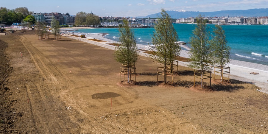 Chantier de la Plage Publique des Eaux-Vives, avril 2019. © AERIAL WORKS Le parc de la Plage publique des Eaux-Vives
