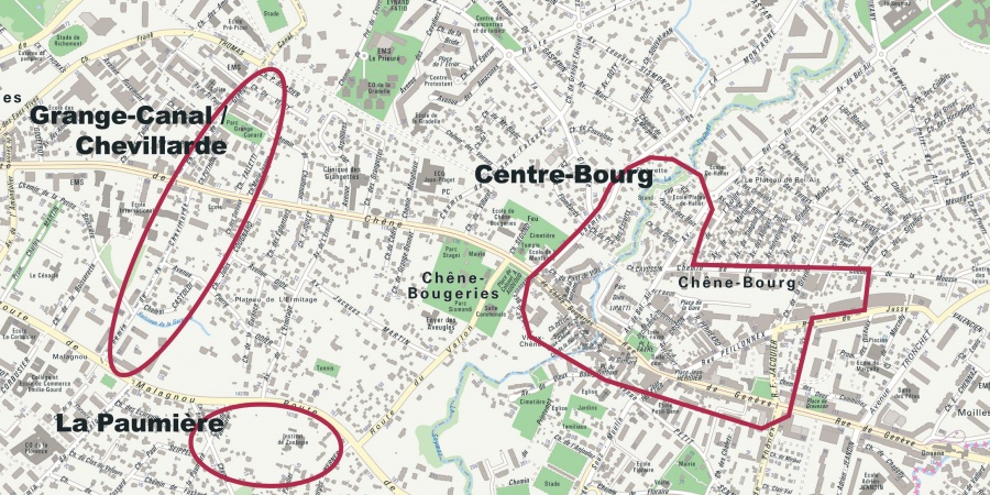 Les trois périmètres du projet Chêne-Bourg – Chêne-Bougeries © Etat de Genève Les trois périmètres du projet Chêne-Bourg – Chêne-Bougeries © Etat de Genève