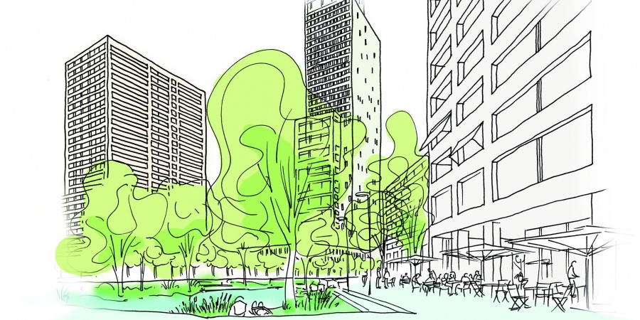 Ambiance urbaine place de l'Etoile © Dupraz & Byrne, croquis F. Hemidi Ambiance urbaine place de l'Etoile © Dupraz & Byrne, croquis F. Hemidi