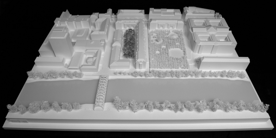 Derrière l'Arve, l'Hôtel des archives et sa cour boisée (© Pont12 architectes) Le futur Hôtel des Archives de Genève, rue de l'Ecole-de-Médecine