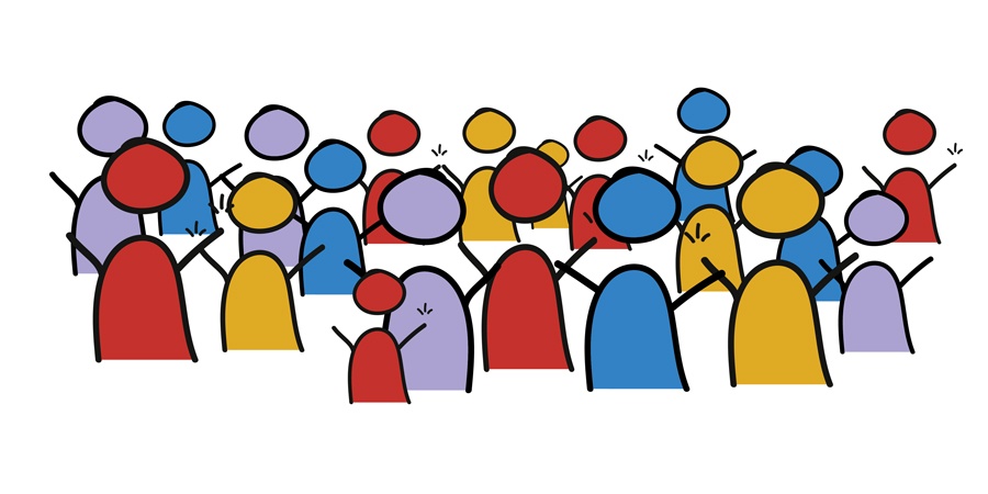 Image en style dessiné représentant un groupe de personnes qui lèvent les bras