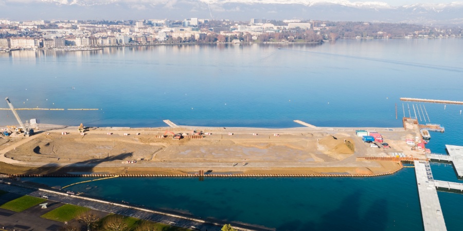 Chantier de la Plage Publique des Eaux-Vives, janvier 2019. © AERIAL WORKS Plage Publique Eaux-Vives
