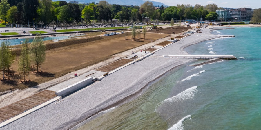 Chantier de la Plage Publique des Eaux-Vives, avril 2019. © AERIAL WORKS Plage Publique Eaux-Vives