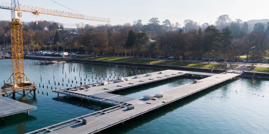 Chantier du Port de la Plage Publique des Eaux-Vives, janvier 2019. © AERIAL WORKS Port Plage Publique Eaux-Vives