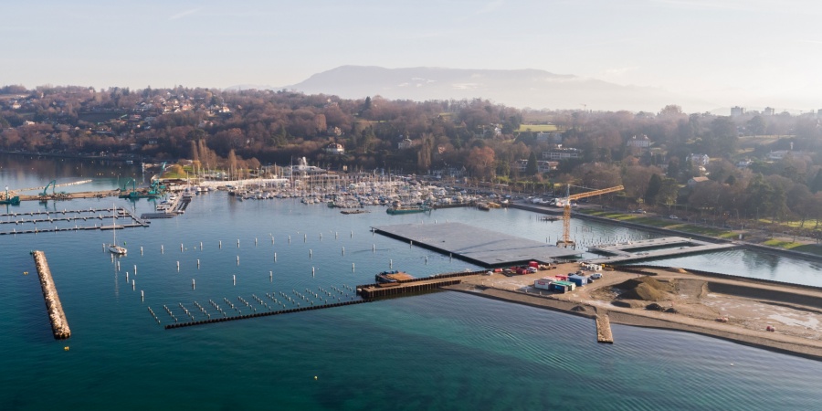 Chantier du Port de la Plage Publique des Eaux-Vives, janvier 2019. © AERIAL WORKS Port Plage Publique Eaux-Vives