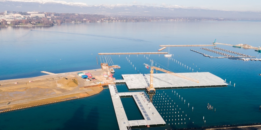 Chantier du Port de la Plage Publique des Eaux-Vives, janvier 2019. © AERIAL WORKS Port Plage Publique Eaux-Vives