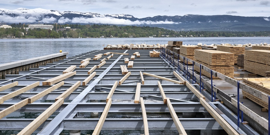 Chantier du Port de la Plage Publique des Eaux-Vives, avril 2019. © Serge Fruehauf Port Plage Publique Eaux-Vives