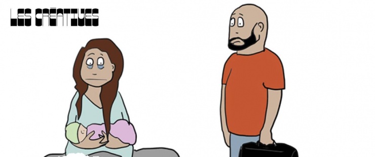 maman fatiguée avec bébé et papa qui part travailler