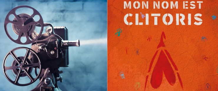 projecteur sur le fond bleu et affiche du film mon nom est clitoris