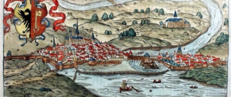 Vue de Genève extraite de la Cosmographie universelle de tout le monde, d'après Sébastien Münster, augmentée et enrichie par François de Belle-Forest, Paris 1575 (AEG, Archives privées 247/I/100) Représentation de la situation de Genève en 1575