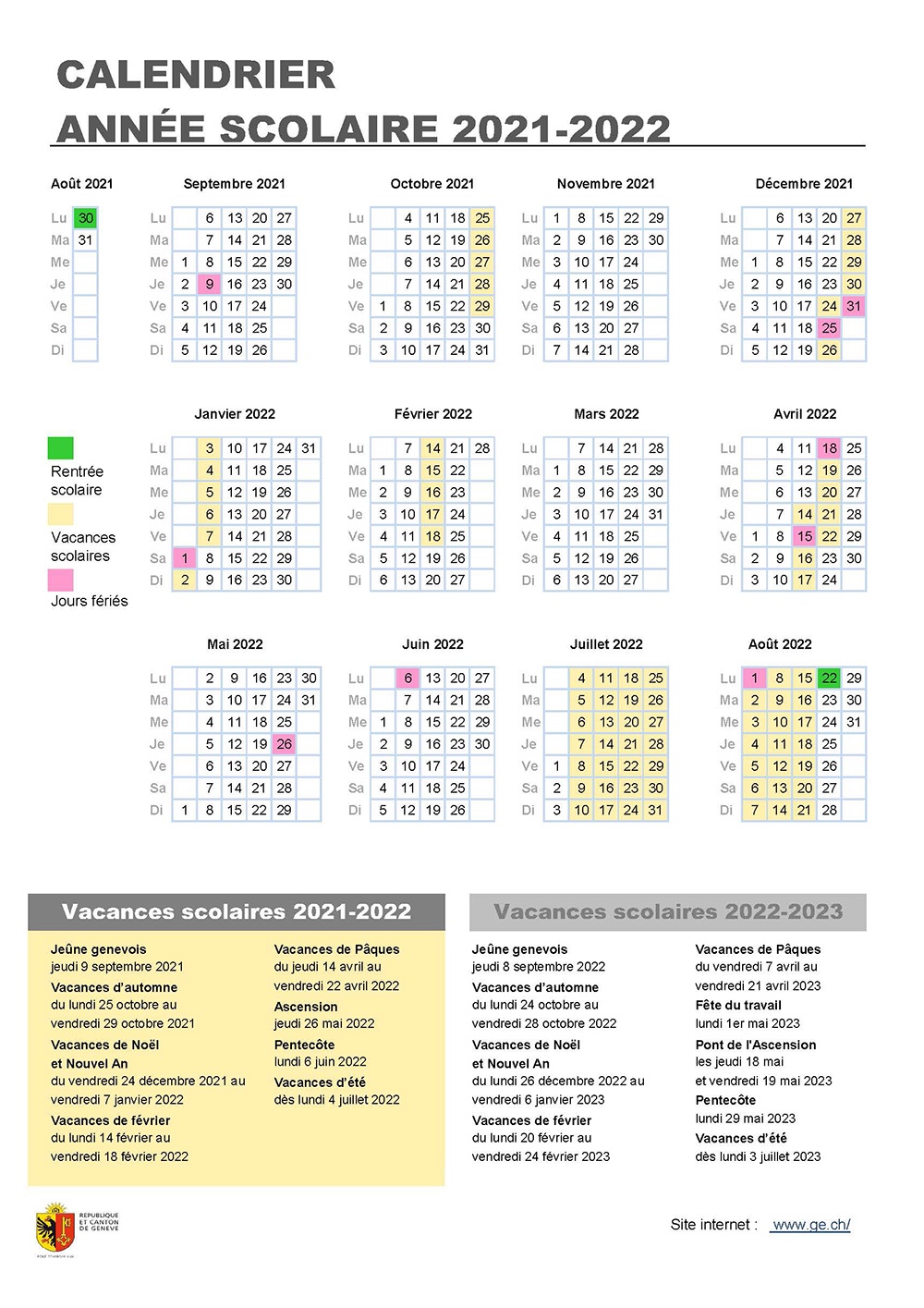 Calendrier Pedagogique Dauphine 2023 2024 Vacances Scolaires 2021-2022 | Ge.ch