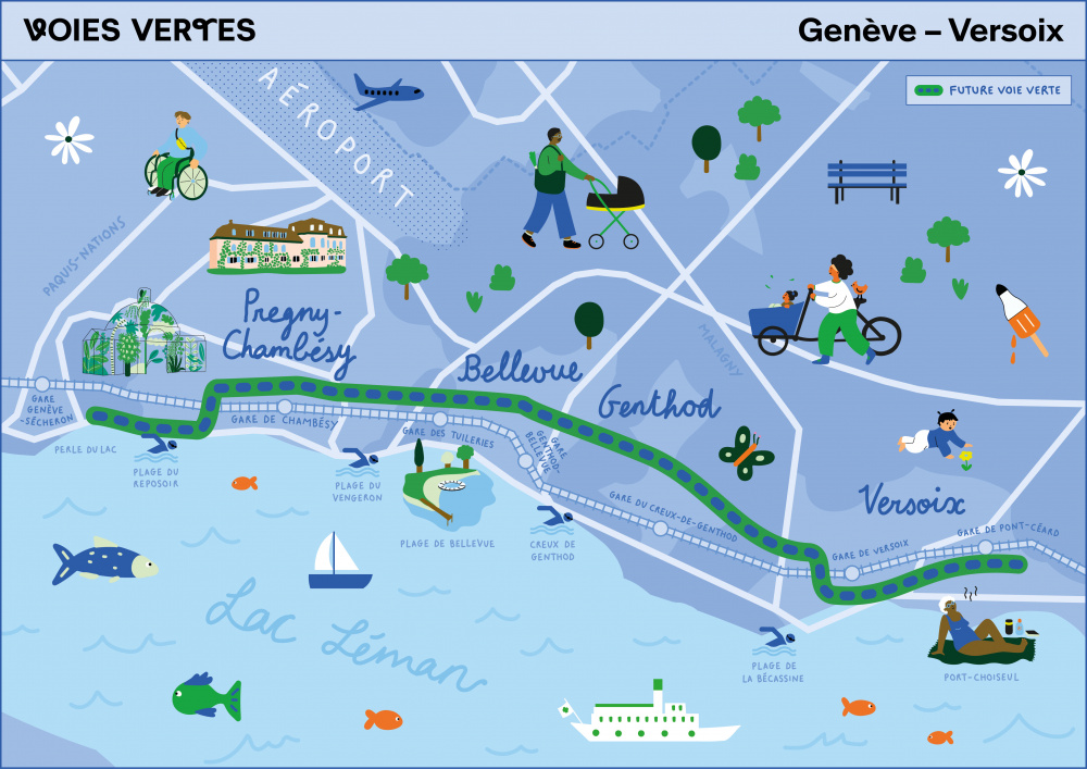 Tracé de la voie verte Genève-Versoix - dessins et carte: Noémie Creux