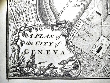 Le loup, associé à Genève sur une illustration d'un plan de ville publié en Angleterre en 1800, fidèle aux représentations inquiétantes de l'époque. 