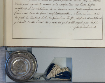 Ratification du traité de Turin entre la Sardaigne, la Confédération Suisse et le Canton de Genève pour la Suisse par le bourgmestre en charge de Zurich, canton directoire de la Confédération, du 15 juin 1816. AEG Savoie 37